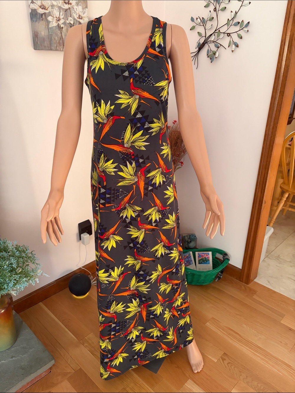 LuLaRoe Black Tank Maxi Dress with Yellow & Red Tropical Print